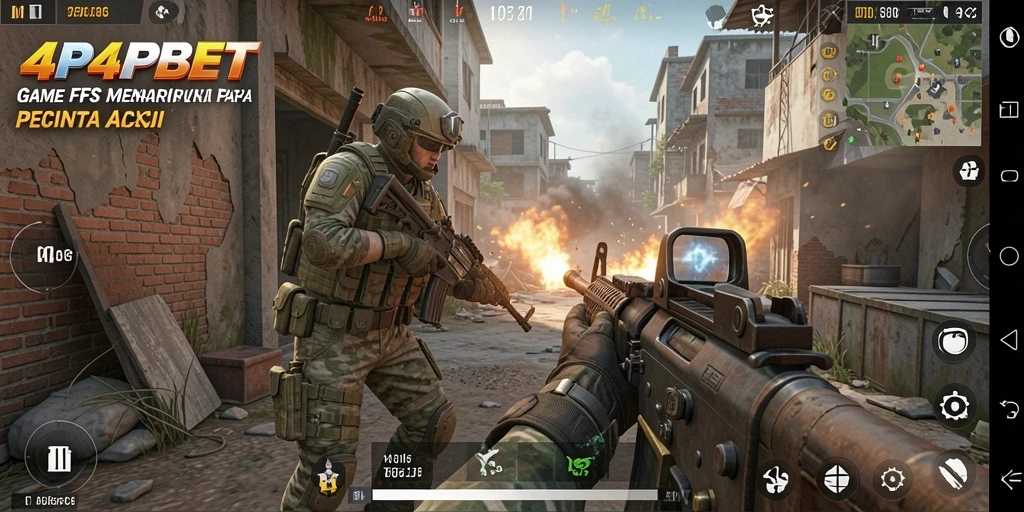 Screenshot utama menunjukkan aksi intens dalam permainan FPS 4P4PBET.