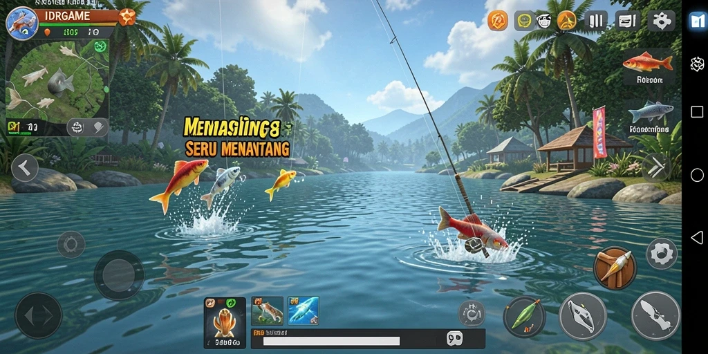Tampilan gameplay IDRGAME yang menarik saat memancing di lautan.