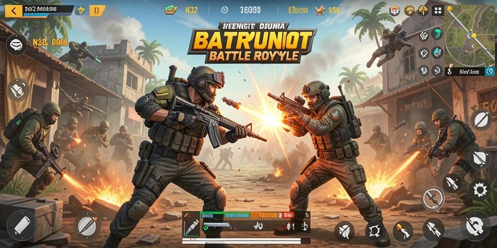 Tangkapan layar gameplay N32 yang menampilkan pertarungan Battle Royale yang seru.