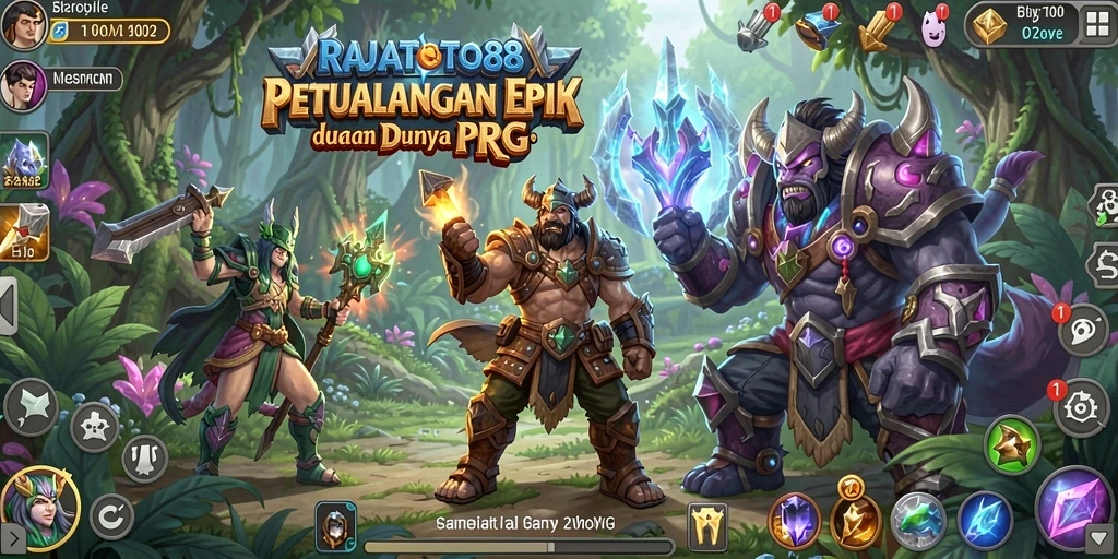 Tampilan gameplay RAJATOTO88 yang menampilkan pertarungan seru dan karakter unik.
