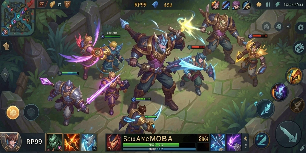 Screenshot utama RP99 yang menunjukkan aksi pertarungan MOBA.