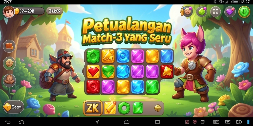 Screenshot ZK7 menunjukkan berbagai batu permata berwarna dalam gameplay Match-3.